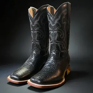 Black Python Snake Skin Boots. Men’s Western Cowboy Boots. Square Toe Black Leather Boots. Bota Vaquero De Piel Pitón. Bota De Caballero.