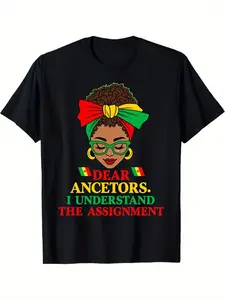 1pc "Dear Ancestors I Understand the Task" T-Shirt - African American History Juneteenth Pan-African Rasta Flag Design Unisex Adult Casual Round Neck Short Sleeve Shirt with Rasta Colors Suitable for Men & Women Year-Round Wear