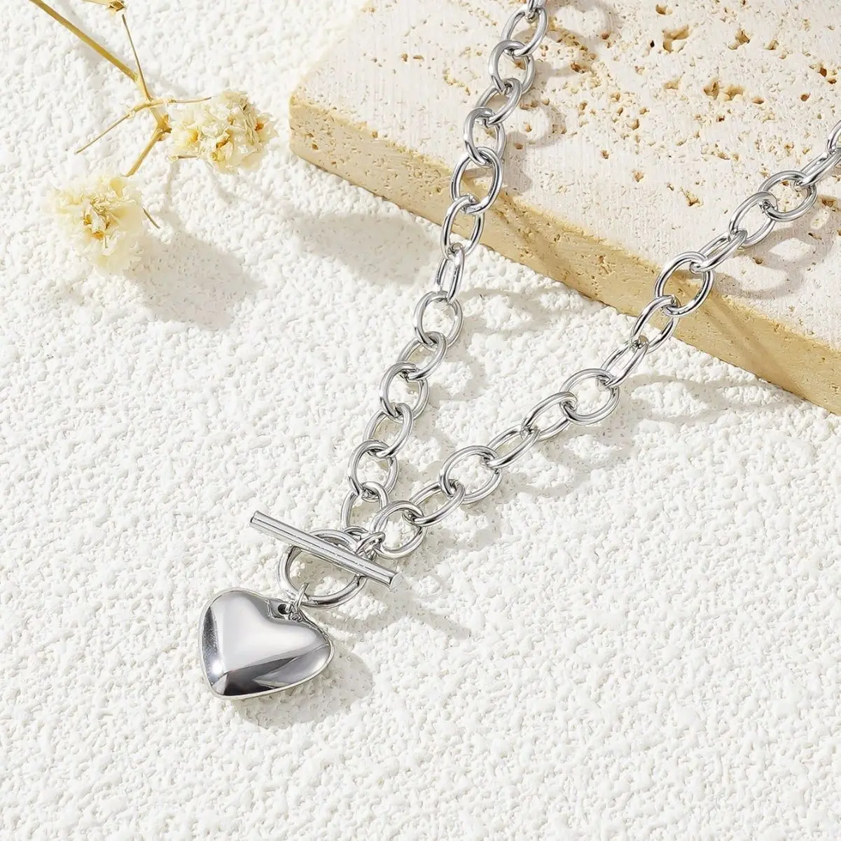 Silver 52cm+Peach Heart Pendant