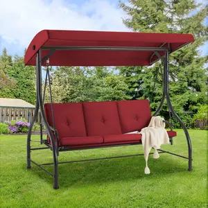 AECOJOY 3-Seat Outdoor Porch Swing with Adjustable Backrest and Canopy, Patio Swing w/Removable Cushions Outdoor Swing Bed for Porch, Backyard, Poolside