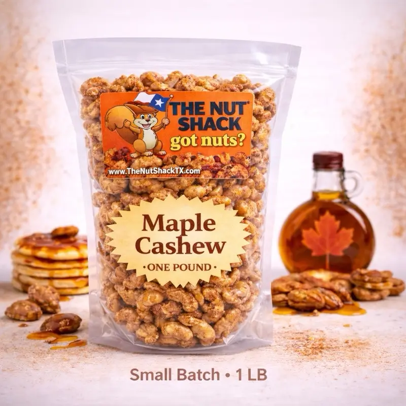 16oz Mmmmmm Maple Cashews - German Roasted, Real Maple Syrup, Sweet Crispy, Texas-Made, Gluten-Free, Perfect Fall & Holiday Snack - Nut