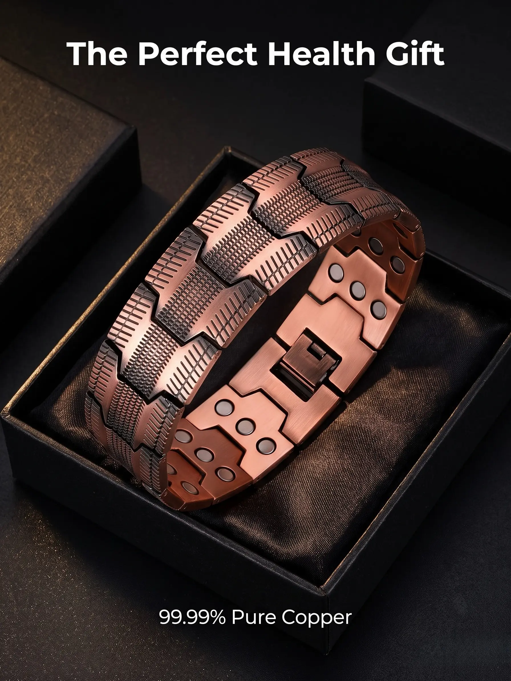 Pure Copper Magnetic Bracelet for Men,Adjustable Textured Link Wrist Jewelry Giftfor Dad Husband, Father’s Day, Masculine