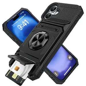 Case For iPhone 17 Pro Max 13 14 16 15 17 Pro Max 14 15 16 Plus Card Holder Magnetic Rotated Ring Kickstand Layer Heavy Shockproof Wallet Covers