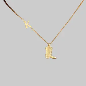 Personalized Cowboy Boot Initial Necklace Dainty Gold Western Jewelry Custom Letter Pendant for Women Fashion Vintage Stainless Steel Chain Necklace Gift for Her