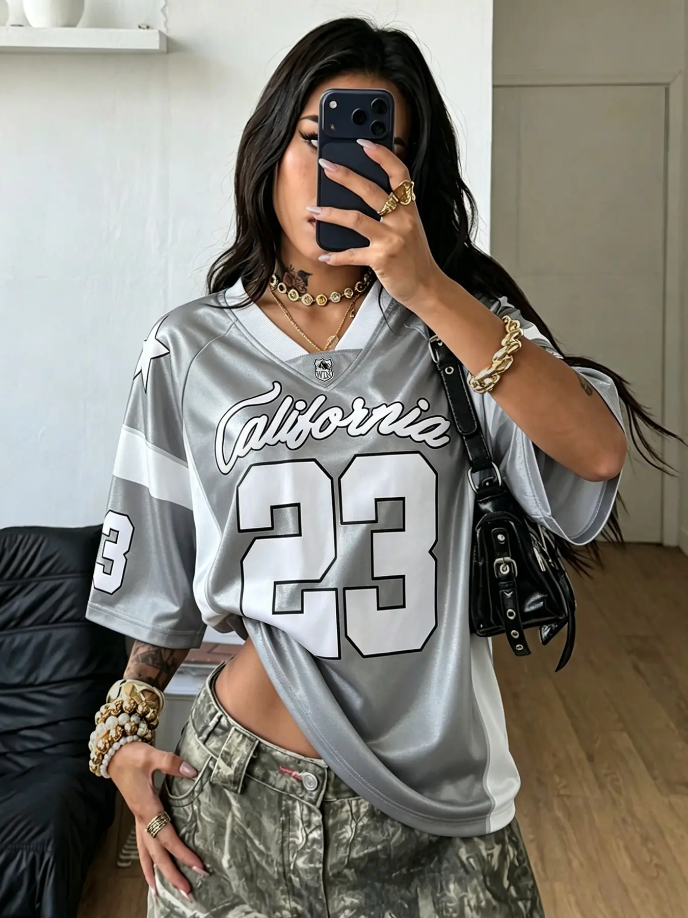 Viral Y2K California No. 23 Jersey, Stylish Jersey Tee, V-neck Short Sleeve T-shirt, Street Style Loose Sports T-shirt, Retro 90s Style Loose Hip-hop Shirt, Athletic Tee Shirts, Athletic Tops