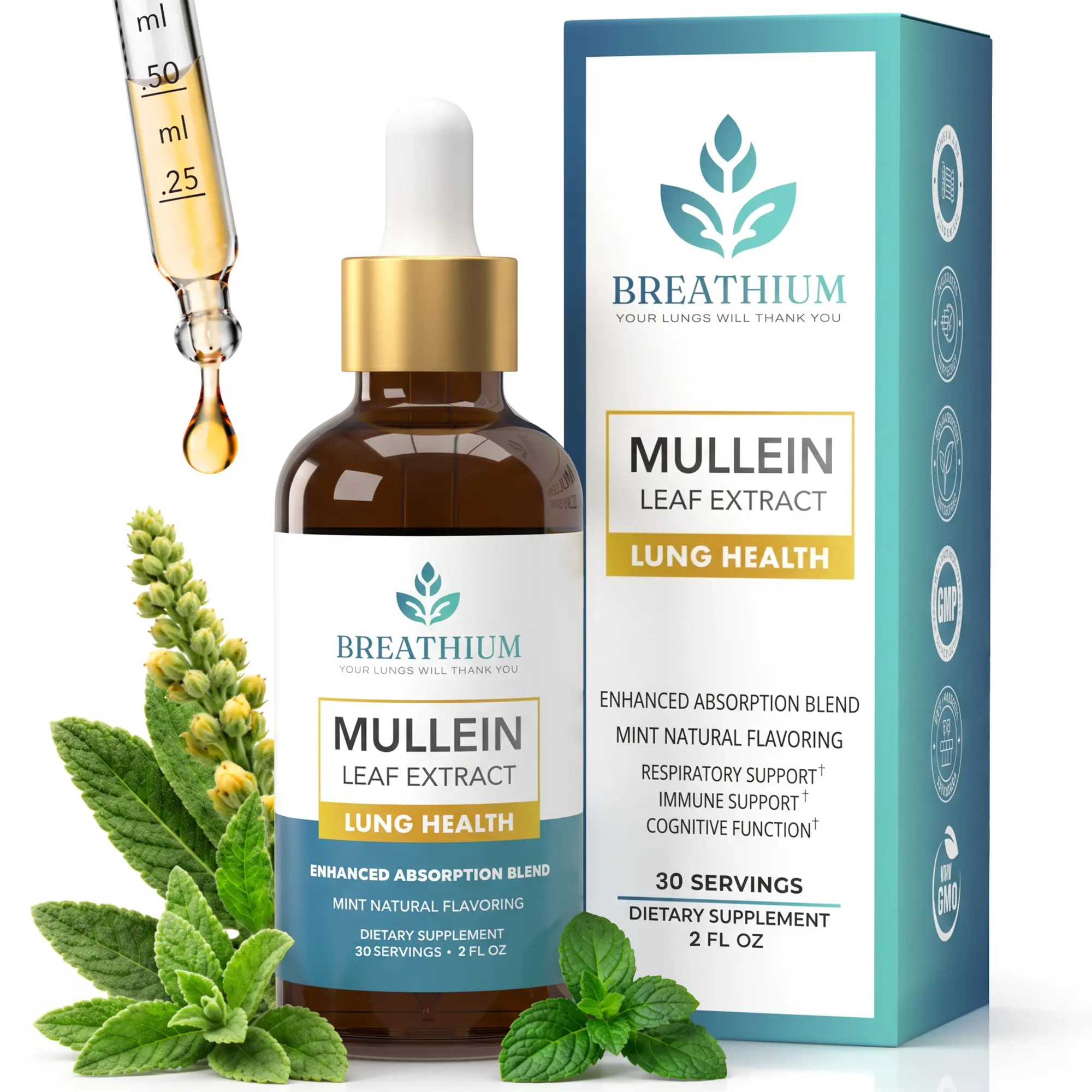 BREATHIUM Mullein Drops | Natural Peppermint Lung and Mucus Detox | Herbal Liquid Supplement with Liposomal Mullein Leaf Extract, BioPerine Black Pepper Extract  | Vegan, Alcohol Free | Made in USA