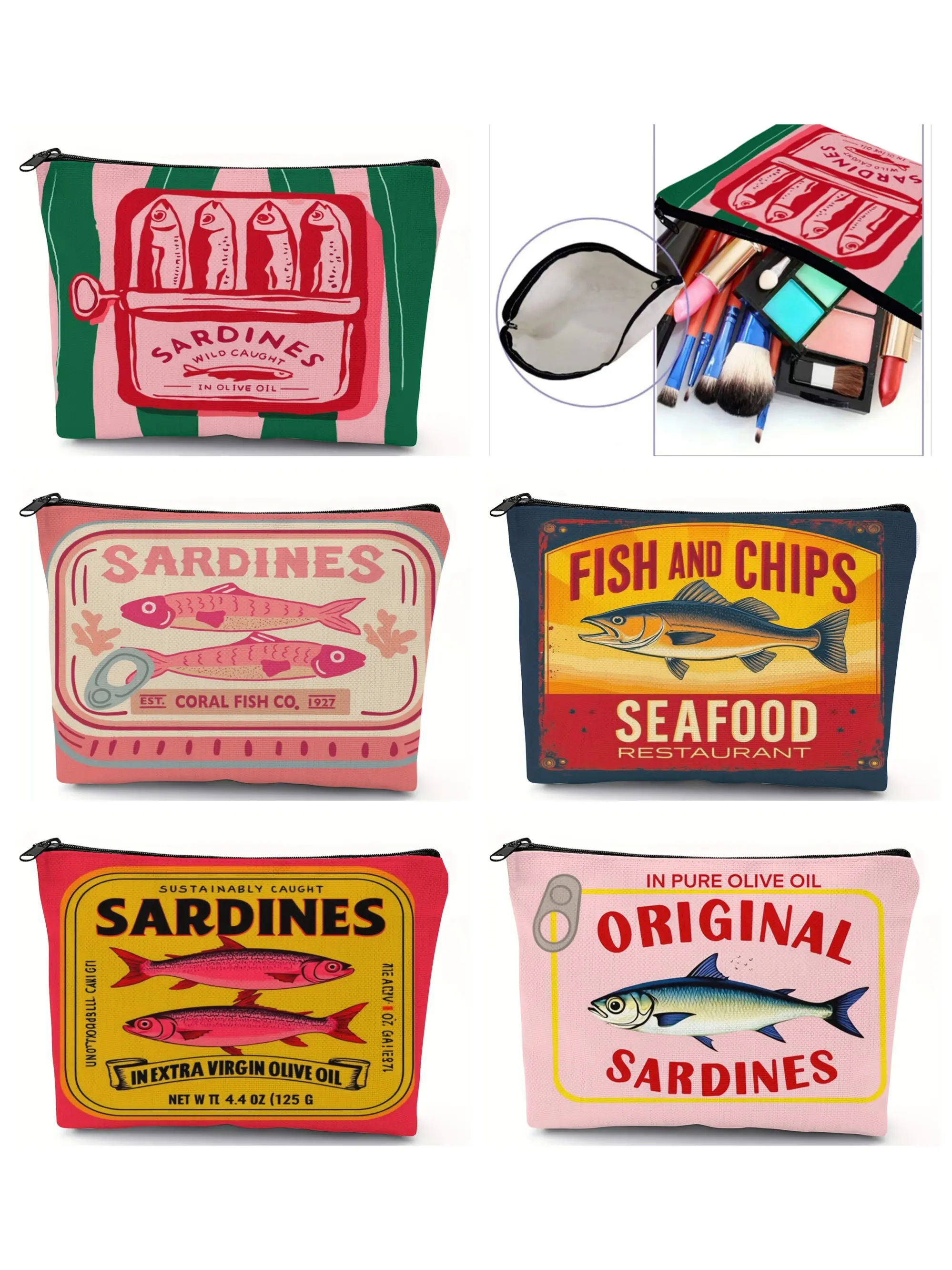 Vintage Sardine Pattern Makeup Bag, Foldable Zipper Pouch, Unisex Travel Organizer, Gift for All Occasions, Cartoon Design