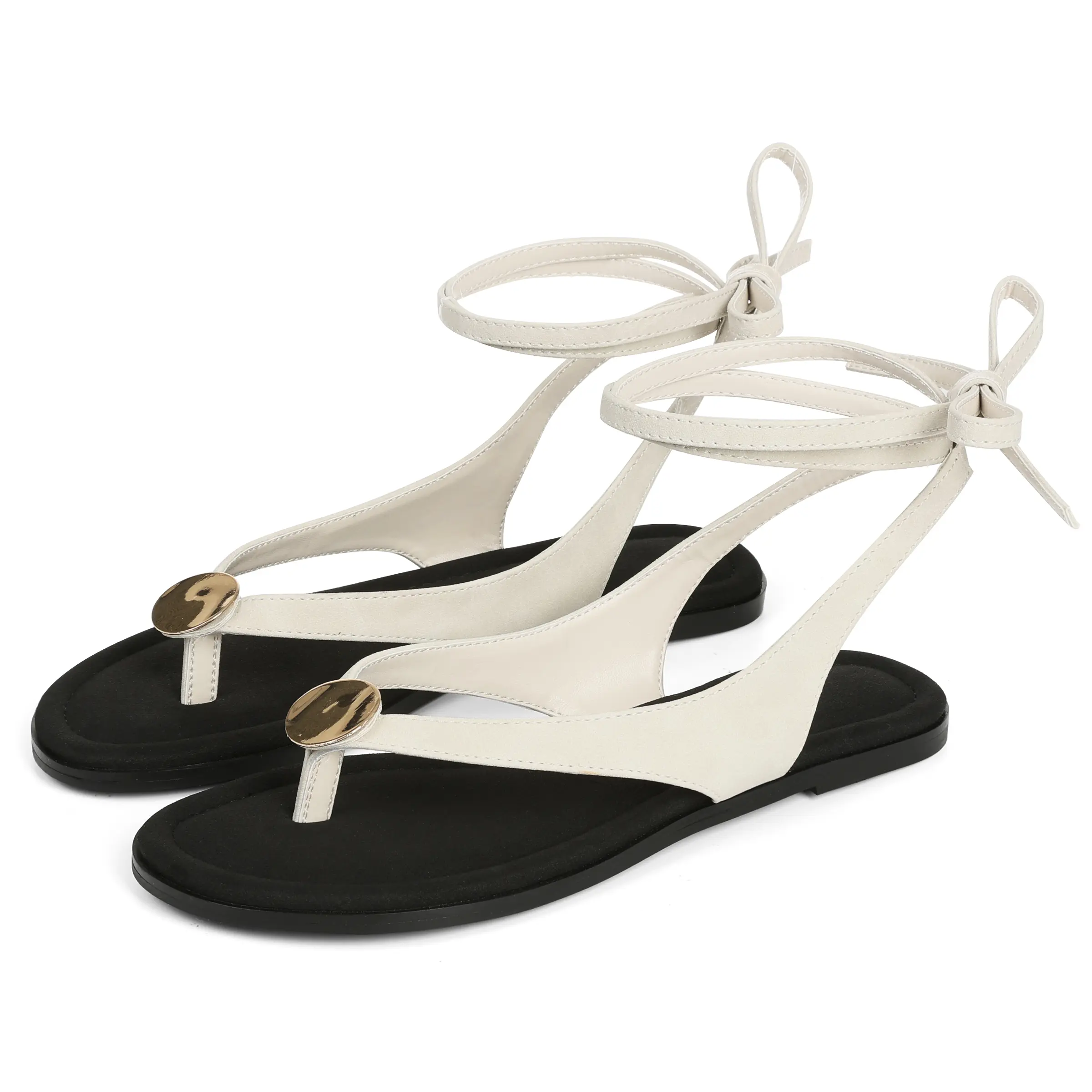 Bohemia Flat Sandals for Women Strappy Sandals Comfortable Dressy Beach Flip Flop Slides Thong Sandals for Women with Metal Circular