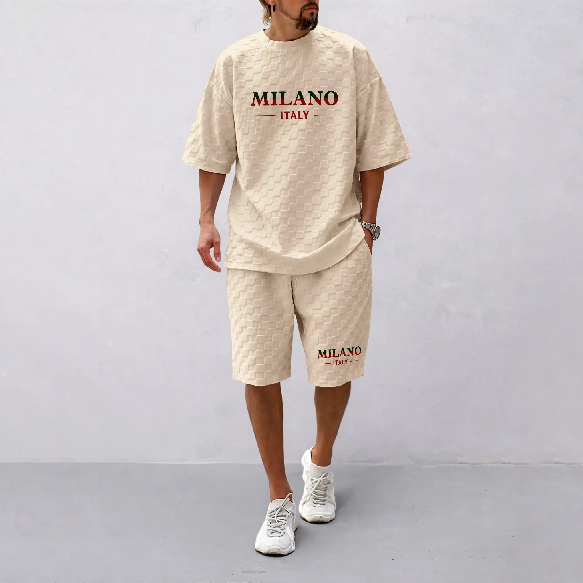 Men's Spring and Summer Milan Letter Print Checkered Fabric Drawstring Shorts Set, Casual Summer Outfit with Short-Sleeved Shirt and Shorts, Ideal for Everyday Wear and Sports Activities