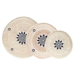 Tonga Traditional Handwoven Palm Nature Storage Baskets with Beading - Set of 3, Home Organizer for Room Use