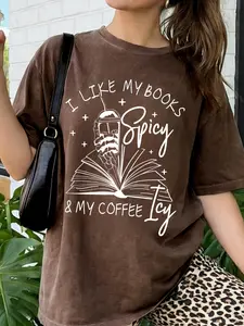 I like my books spicy and my coffee icy — Spicy Book Shirt, Women Casual, Bookworm Coffee Lover, Iced Coffee Top, Gift for Book Lovers, Skeleton Hand Oversized Short-Sleeve Top