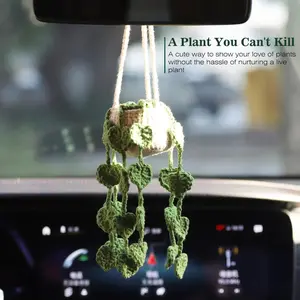 Cute Crochet Plant for Rear View Mirror, Boho Handmade Car Mirror Hanging Accessory for Women & Girls, Green Interior Aesthetic Decor Truck Hanger Ornament Charm