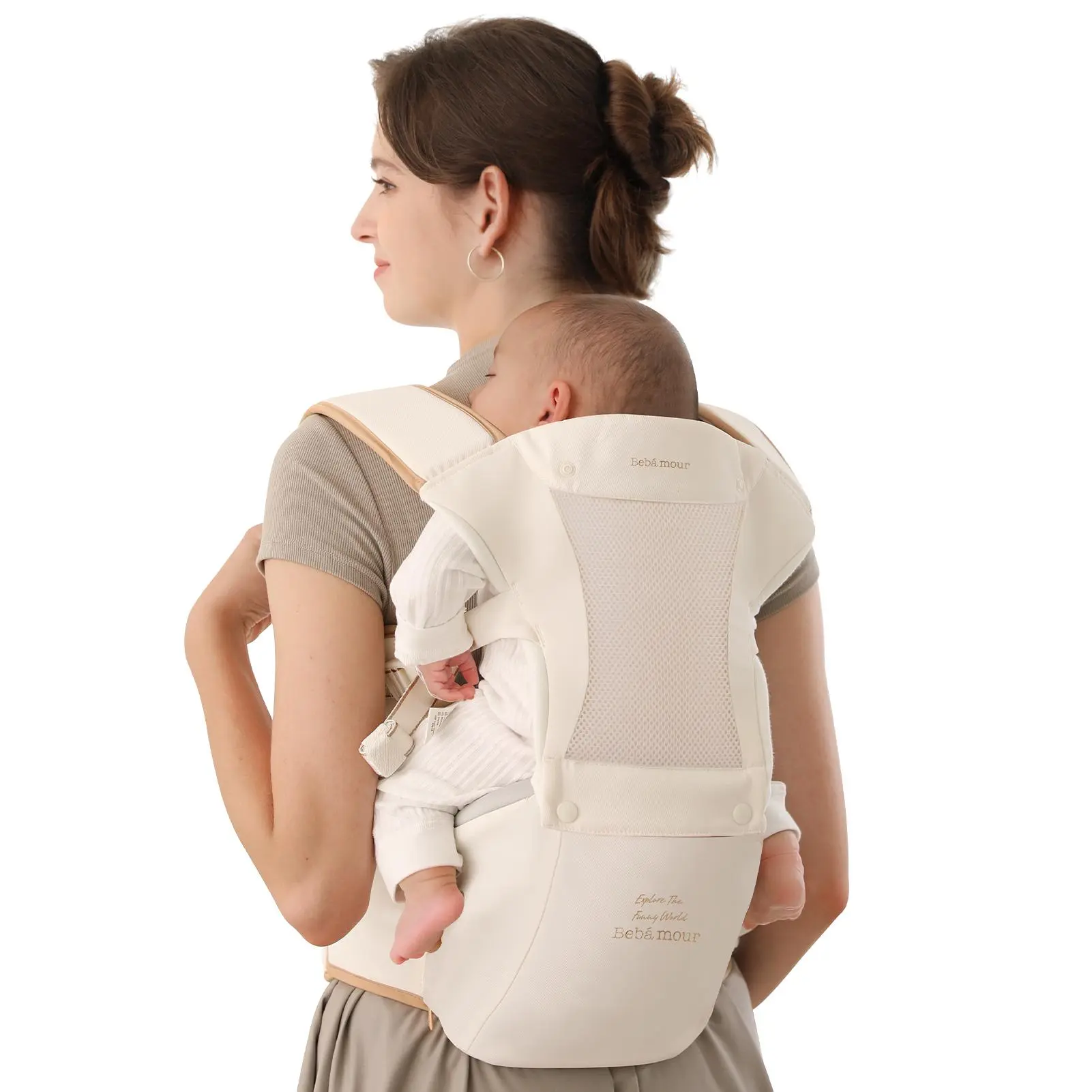 BEBAMOUR Adjustable Ergonomic Baby Carrier with Hip Seat, All-Position Breathable Mesh for Newborn to Toddler, Hands-Free Design with Hood & 3 Teething Pads, Hands Free Carrier, Adjustable Ergonomic Carrier