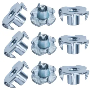 100 count 1/4"-20 T-Nut, Zinc-Plated Steel Threaded Insert  Resistant,5/16" Barrel Length,4-Pronged Tee Nut for ,Rock Climbing Holds,Home,Cabinetry, Furniture,etc.