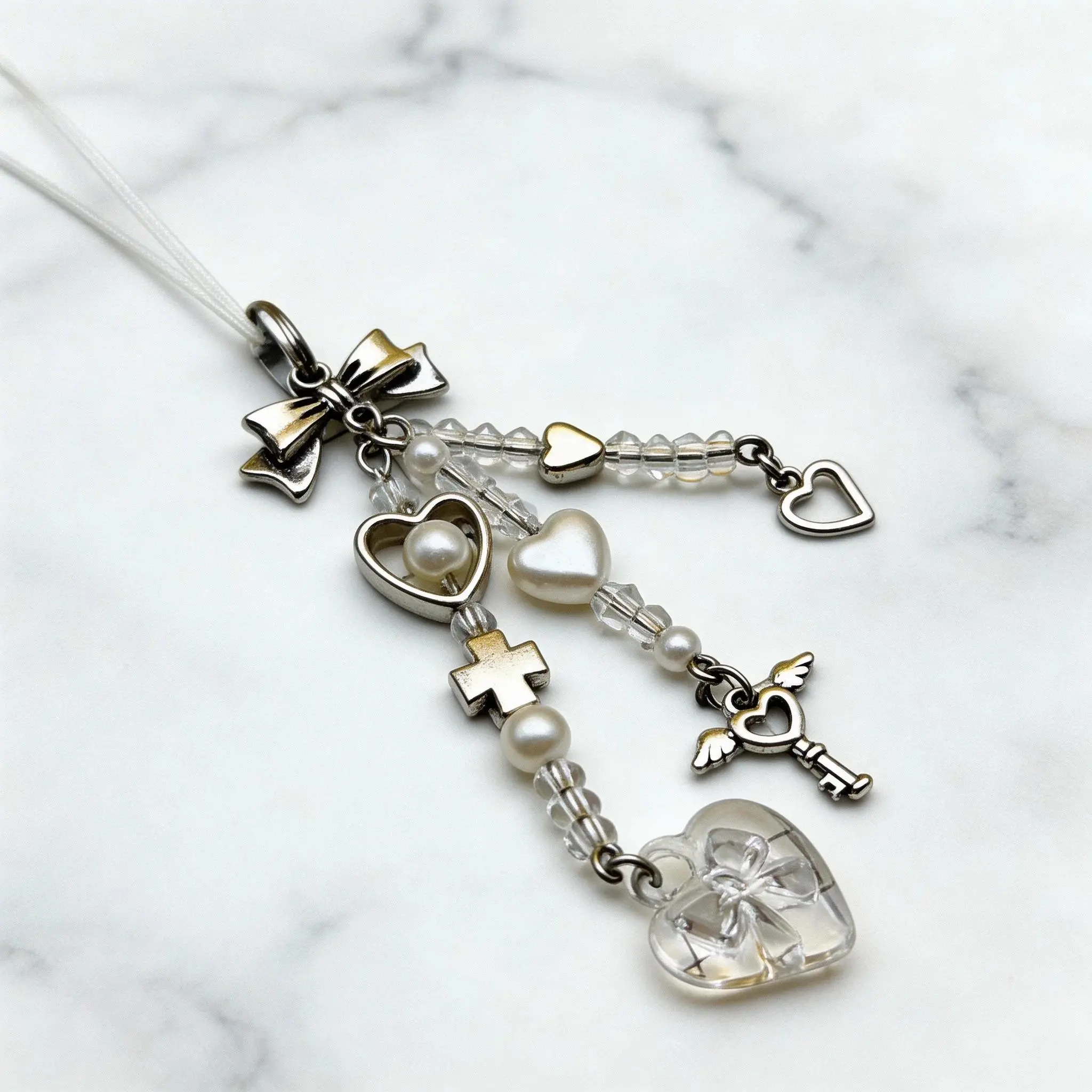 Y2K Silver Heart Bow Phone Charm Kawaii Coquette Pearl Beaded Cross Angel Key Keychain Aesthetic Phone Lanyard Strap, Accessories, Smartphone, Cellphone
