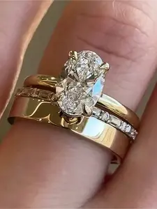 3pcs/Set  Vintage Luxurious Elegant Oval Cut Cubic Zirconia Bridal Set Engagement Ring Gift for Her Promise Ring Wedding Set Eternity and Plain Band Set Ring for Gift Couple's Gift Anniversary Gift Fashion Engagement Rings