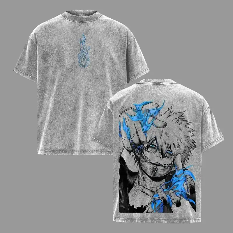 Menswear Men's Short-Sleeve Dabi Graphic Tee - My Hero Academia Villain Top, Blue Flame Oversized Washed Manga Shirt, Retro Japanese Streetwear Gift for MHA Fans, Shortsleeve, Graphic Tees