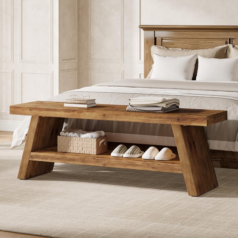 LITTLE TREE 2-Tier Entryway Bench, Hallway Foyer Solid Wood Seating with Open Shelves, Wooden Shoe Bench Indoor for Entryway, Living Room, Bedroom LITTLE TREE 2-Tier Entryway Bench, Hallway Foyer Solid Wood Seating with Open Shelves, Wooden Shoe Bench Indoor for Entryway, Living Room, Bedroom
