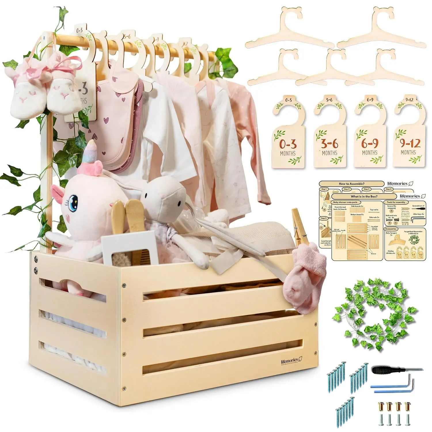 Wooden Baby Shower Crate Closet with Clothes Hangers & Dividers, Large Gift Basket for Boys & Girls, Wood Box & Display with Handles & Ivy, Welcome Gifts for New Parents.