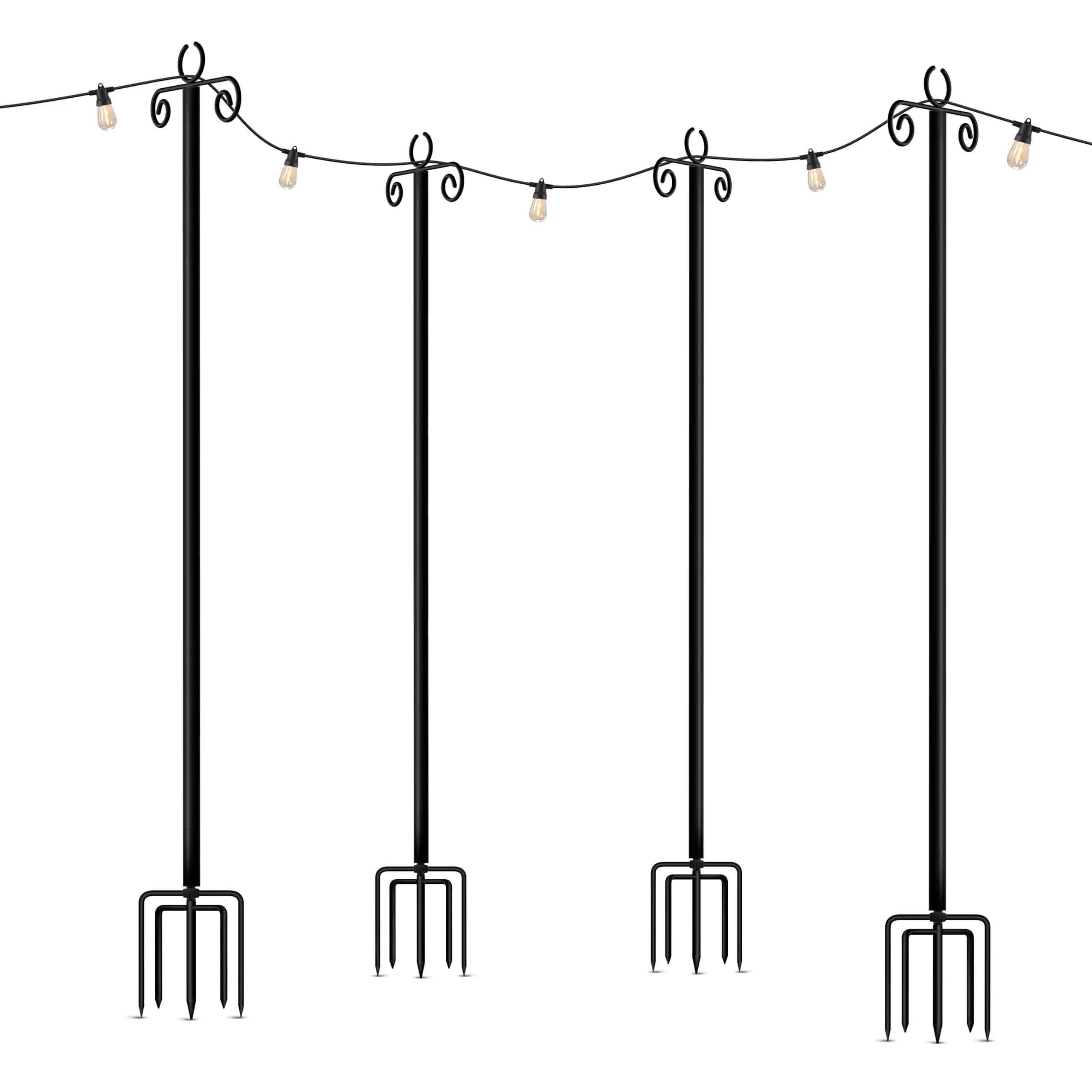 Brightech 4-Pack 10FT String Light Poles for Outdoor Use, Heavy Duty Metal Poles with Fork Base for Hanging Patio Lights, Adjustable for Garden, Backyard, Porch, or Fence Lighting Decor