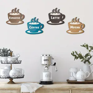 4 Piece Coffee Wood Wall Art Decor, Coffee Cup Shape Wall Hanging Sign, Mocha Logo Wall Decoration, Printed Wooden Wall Art Plaque
