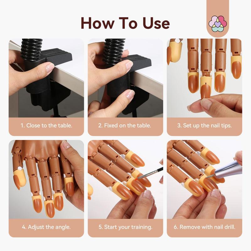 Practice Hand for Acrylic Nails, Flexible Moveable Fake Hands, Manicure Trainng Hand Nail Kit for Beginners, Movable Nail Maniquin Hand with 200PCS Nail Tips, Nail Glues, Brush and Clipper