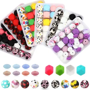 36 Silicone Beads Kit Bead Assortment for Keychain Making, 12mm 15mm Round & 14mm Polygonal Rubber Beads, Multicolor Bulk Set for DIY Jewelry Crafts