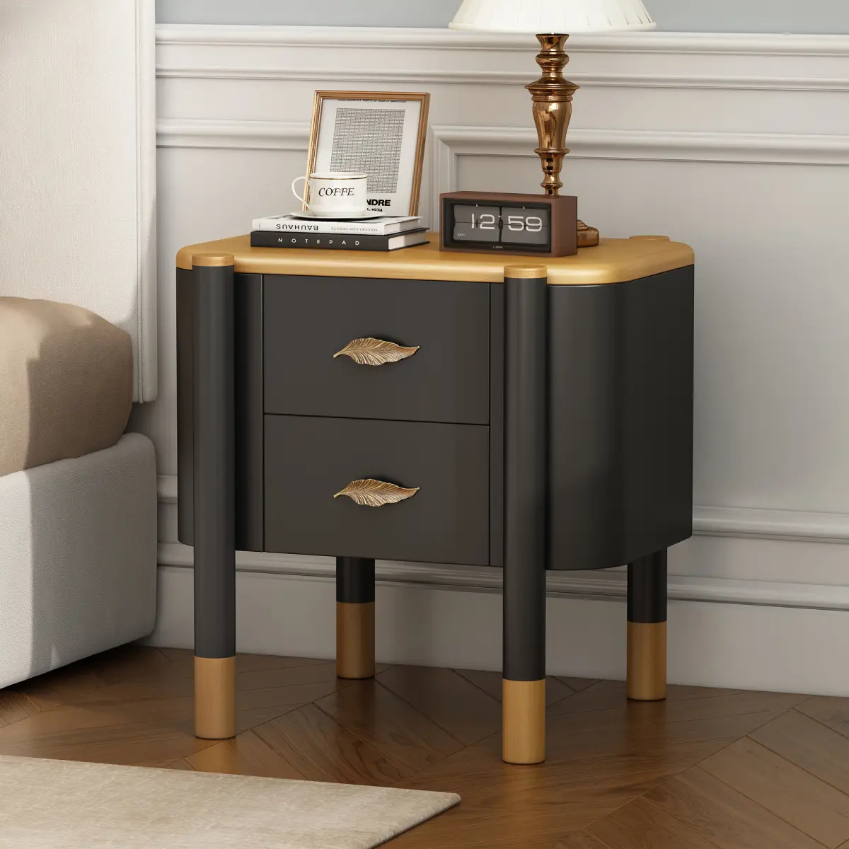 Antique Bronze & Black 2-Drawer Nightstand with Drawers - French-Inspired Wooden Decorated Assembled Bronze Dual-Use Bedside Table, High-Leg End Table with Feather Metal Handles for Bedroom, Living Room, Decorated Bedside Tables