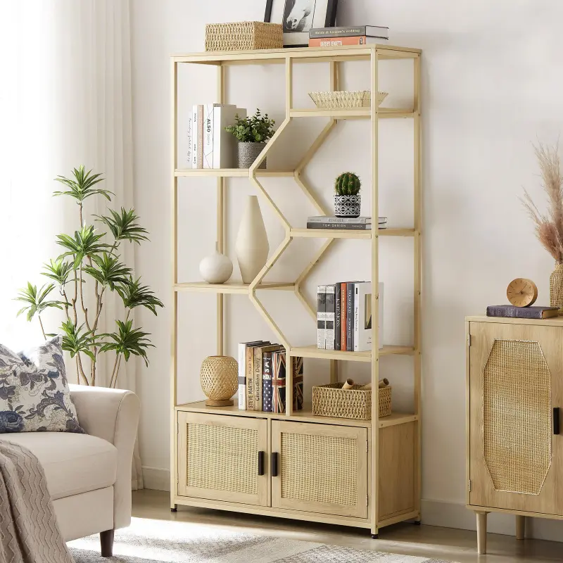 [SOIYELIFE] Rattan bookshelf 7 tiers Bookcases Storage Rack with cabinet for Living Room Office, Natural, 39.4'' W x 13.8'' D x 75.6'' H.,Unique furniture,
