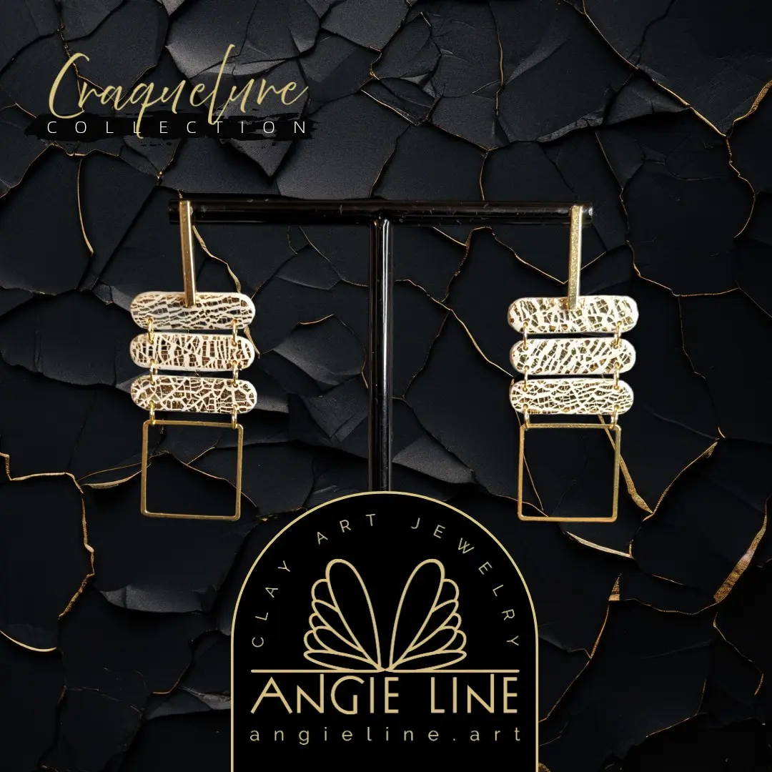 Ivory Capsules Cracked Gold Square Earrings | Craquelure Collection - Angie Line Polymer Clay Jewelry by Artist Vanessa Freire with Black Velvet Jewelry Gift Bag