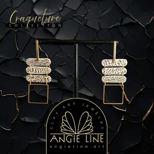Ivory Capsules Cracked Gold Square Earrings | Craquelure Collection - Angie Line Polymer Clay Jewelry by Artist Vanessa Freire with Black Velvet Jewelry Gift Bag
