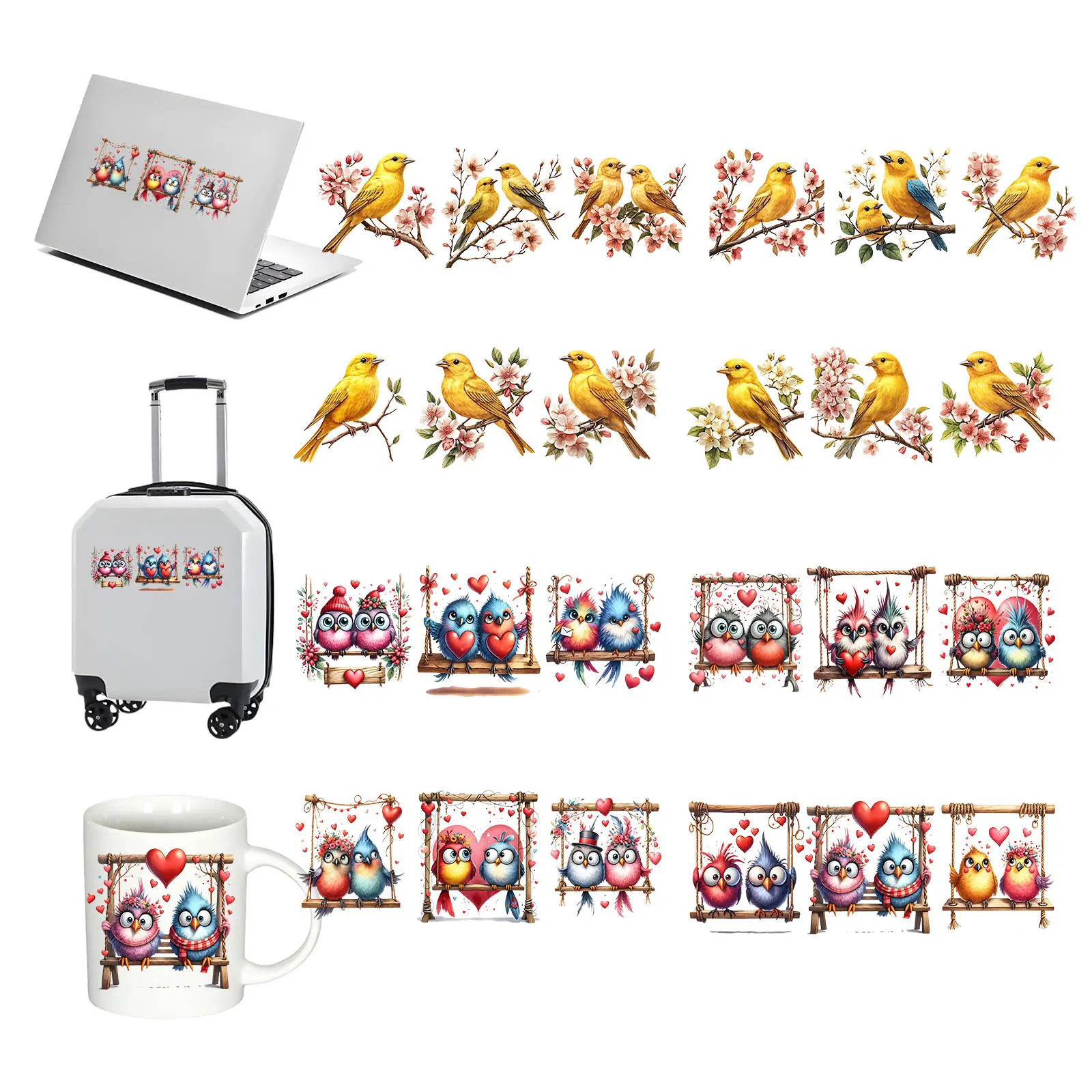 8pcs Love Bird Swing UV DTF Cup Wraps Transfer Waterproof Stickers - Adhesive Sheet, Bird, Custom, Decorative, Flexible Vinyl Furniture Stickers for Glass Cups, Water Bottles, DIY Crafts, Adhesive Sheet Furniture Stickers