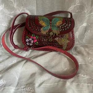 Authentic Mexican Style Over the Shoulder Bag with Unique Colorful Butterfly & Floral Pattern Red Leather Crossbody