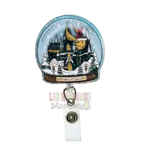Christmas at The School of Witchcraft and Wizardry Badge Reel – Glitter Snow Globe ID Holder, Retractable Clip for Nurses, Teachers & Potter Fans, Holiday Gift, Magical Winter Accessory