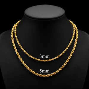 Twisted Rope Chain Necklace 3/5mm 18-26 Inch, 18K Gold Plated Stainless Steel Anti Tarnish Waterproof Unisex Hip Hop Braided Link Chain, Men Women Layering Everyday Street Fashion Jewelry, Ideal Gift for Him Her outdoorfun