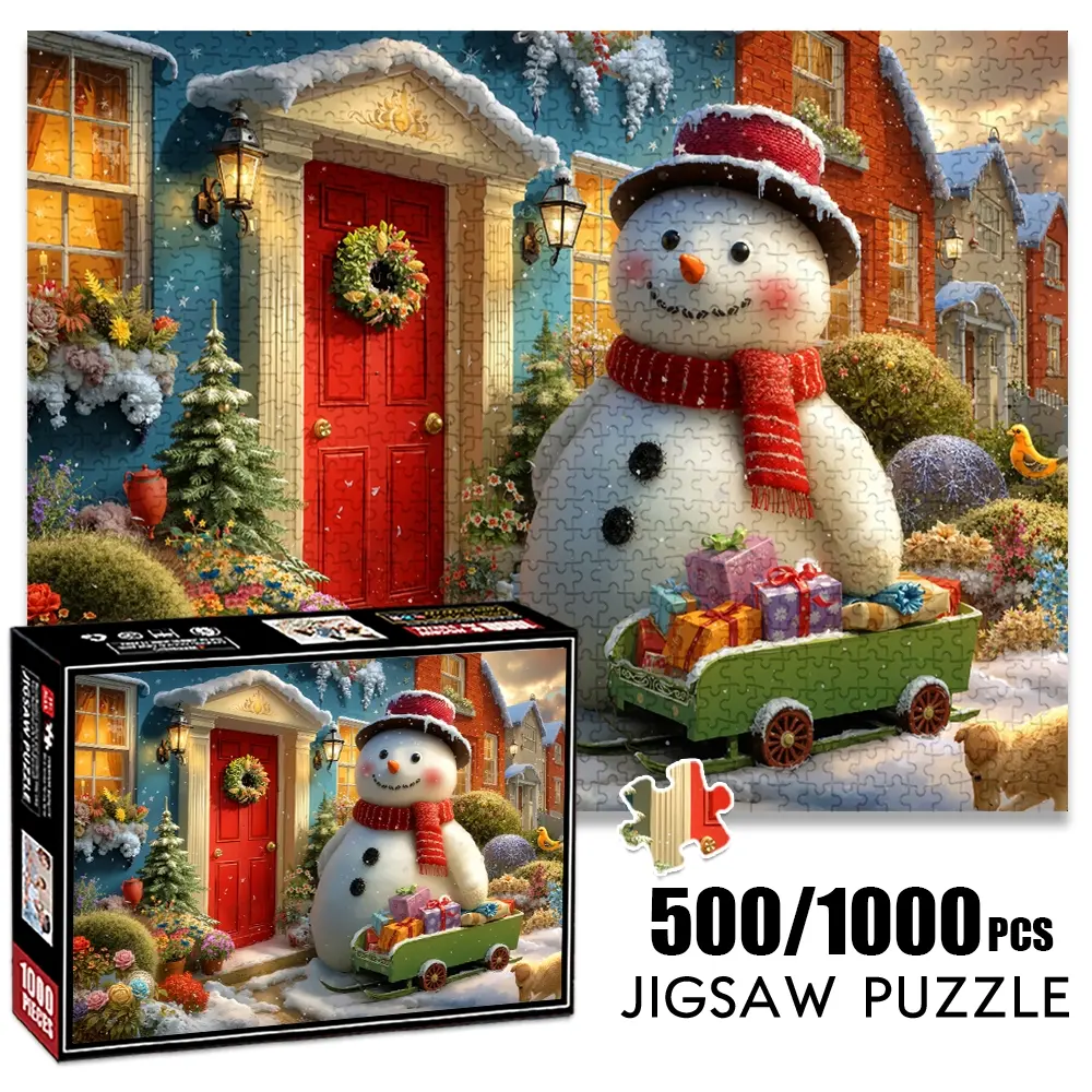 1pc 1000 piece adult puzzle 70x50cm Snowman with Gift - filled Cart in Front of Festive House 500 pieces of paper jigsaw puzzle, suitable for adults and families, large-scale DIY puzzle interacti