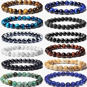 12 pack. All colors 8mm Semi-Precious Gemstones Beaded Bracelets for Men Women Tiger Eye Lava Rock Crystal Stone Bead Bracelets Set