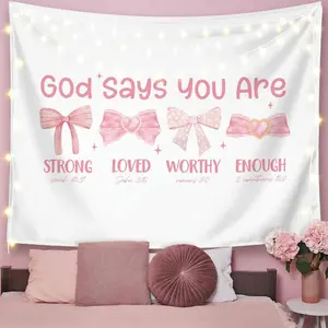 Pink Coquette Bow Christian Tapestry, Inspirational Christian Tapestry for Women, Indoor Outdoor Wall Art Tapestries for Bedroom, Girl pink Room Decoration Living Room Bedroom 50x60 inches