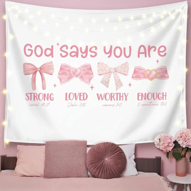 Pink Coquette Bow Christian Tapestry, Inspirational Christian Tapestry for Women, Indoor Outdoor Wall Art Tapestries for Bedroom, Girl pink Room Decoration Living Room Bedroom 50x60 inches