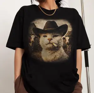 Cowboy Cat T-Shirt, Western Meme Graphic Tee, Cat Lover Gift, Vintage Style Unisex Shirt, Weird Tees, Gag Gifts
