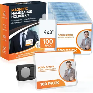 100 Pack of 4x3  Name Badge Holders (White Printable Inserts Included) Customizable  Name Tags for Office, Conventions, School, and Events - Durable and Clear Plastic Name Tag Holder