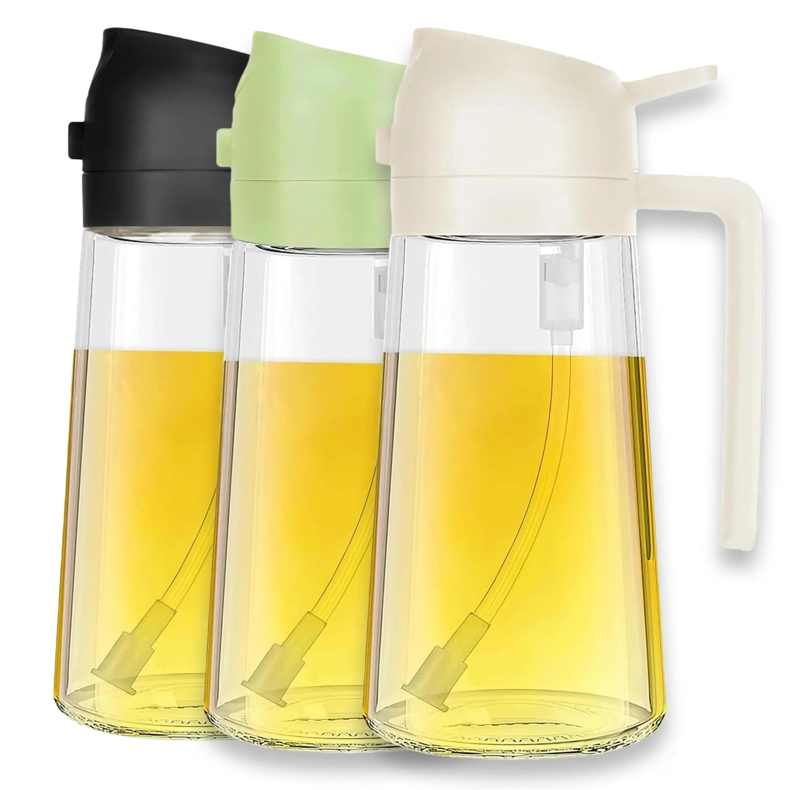 3-Pack Glass Olive Oil Sprayer & Dispenser Set, 2-in-1 16oz Portion Control Kitchen Bottle for Cooking, Air Fryers, Available in Black/Green/White