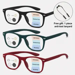 3 Pack Progressive Multifocal Reading Glasses, Photochromic Blue Light Blocking Readers, Light-Adaptive No-Line Multifocal Eyewear with Free Anti-Lost Lanyard, Lightweight Everyday Glasses