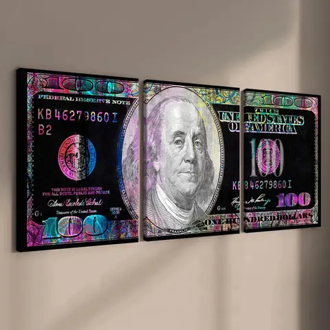 Wooden Framed Canvas Painting Set, 3 Counts/set Currency Pattern Artistic Money Wall Art Home Decor, Abstract Pattern Print Wall Decor for Home Living Room Bedroom Office
