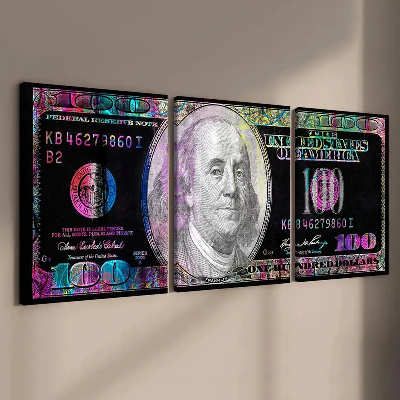 Wooden Framed Canvas Painting Set, 3 Counts/set Currency Pattern Artistic Money Wall Art Home Decor, Abstract Pattern Print Wall Decor for Home Living Room Bedroom Office