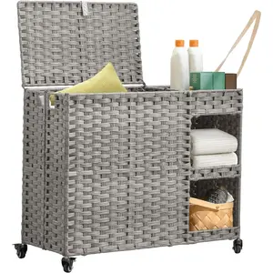 Laundry Hamper with Wheels, 42.3 Gal.(160 L) Laundry Sorter with Shelves, Rattan Clothes Hamper with 4 Removable Liners & 3 Mesh Bags, Handwoven Organizer for bedroom, bathroom, laundry room, Grey
