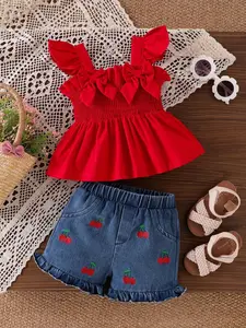 Baby Girl Sweet & Spicy Style 2-Piece Set Outfit, Backless Ruched Double Bow Sleeveless Top + Cherry Embroidery Denim Shorts, Infant Fashion, Baby Clothing