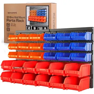 30-Bin Wall-Mounted Storage Rack System - Heavy-Duty Garage Tool Organizer for Screws, Nuts, , Nails, Beads, and Small Hardware Parts - Easy Installation and Customizable Red Blue Orange