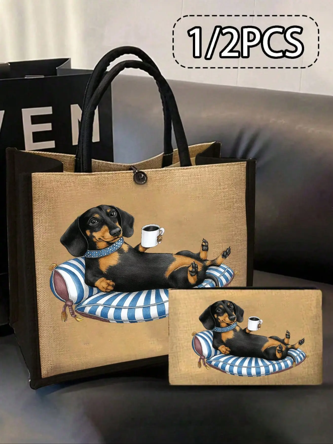 Yellow Linen Buckle Tote Bag, Casual Trendy Bag, With A Black Dachshund Drinking Coffee Print, Includes A Large Tote And A Small Wallet, Teacher's Day Gift