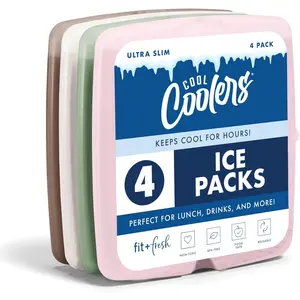 Cool Coolers by Fit & Fresh Slim Ice Packs, Quick Freeze Reusable Ice Packs for Lunch Boxes & Coolers, Long-Lasting, Space Saving Lunch Ice Packs, Multicolor, 4Pk